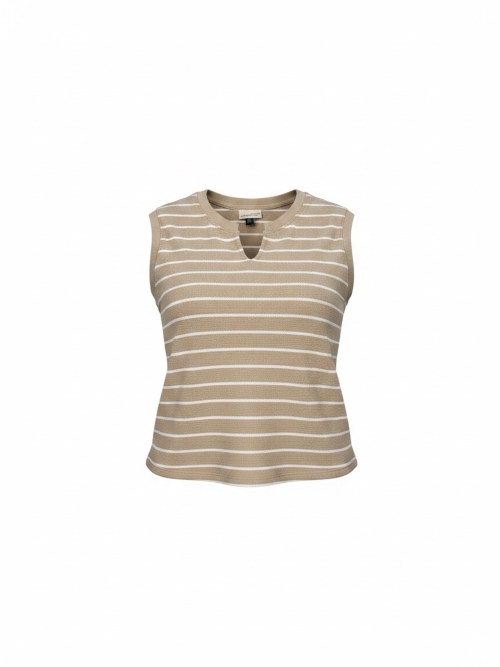 NWT Beige & White Striped Sleeveless Knit Top Split Neck Casual Tank Size XXL